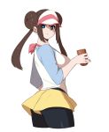  1girl black_legwear blue_eyes bread breasts brown_hair cowboy_shot creatures_(company) cropped_legs double_bun eating food from_side game_freak hair_bun highres looking_at_viewer low_twintails mei_(pokemon) nintendo olm_digital pantyhose pokemon pokemon_(anime) pokemon_(game) pokemon_bw2 shirt short_shorts shorts simple_background sungpark twintails visor_cap white_background yellow_shorts 