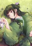  1girl chinese_clothes flat_chest flower freckles grass green_hair green_theme hair_ribbon half_updo hand_on_own_stomach kusuriya_no_hitorigoto long_hair long_sleeves looking_to_the_side low-tied_long_hair lying maomao_(kusuriya_no_hitorigoto) marble multi-tied_hair nature on_back on_ground reaching ribbon solo upper_body violet_eyes wide_sleeves yue_(pixiv2547) 