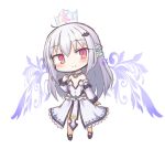  1girl bangs blush braid chibi commentary copyright_request crown detached_sleeves dress eyebrows_visible_through_hair frr_(akf-hs) full_body hair_ornament hairclip long_hair looking_at_viewer pink_eyes pointy_ears silver_hair simple_background snowflakes solo white_background wings 