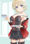  1girl adapted_costume ass_visible_through_thighs bangs black_dress black_legwear black_panties blonde_hair blue_eyes bow_legwear braid breasts bustier commentary cowboy_shot cup darjeeling dress eyebrows_visible_through_hair garter_straps girls_und_panzer highleg highleg_panties holding holding_cup holding_saucer jacket lace lace-trimmed_dress lace-trimmed_legwear lace-trimmed_panties lace-up lingerie long_sleeves looking_at_viewer medium_breasts microdress military_jacket off_shoulder open_clothes open_jacket panties parted_lips red_jacket saucer school_uniform see-through short_hair solo spaghetti_strap st._gloriana&#039;s_military_uniform standing strap_slip teacup thigh-highs tied_hair twin_braids underwear yurikuta_tsukumi 