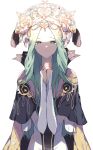  1girl closed_mouth crown fire_emblem fire_emblem:_three_houses flower green_eyes green_hair hair_flower hair_ornament hands_clasped highres long_hair long_sleeves own_hands_together rhea_(fire_emblem) solo tiara welcome_siesta 