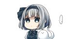  ... 1girl :3 bangs black_neckwear blue_eyes blunt_bangs bow bowtie chibi commentary_request expressionless eyebrows_visible_through_hair green_vest hair_ribbon konpaku_youmu konpaku_youmu_(ghost) looking_at_viewer pegashi puffy_short_sleeves puffy_sleeves ribbon shirt short_hair short_sleeves silver_hair simple_background solo speech_bubble spoken_ellipsis touhou upper_body vest white_background white_shirt 