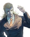  blonde_hair blue_eyes formal hair_slicked_back heterochromia louis_cypher lucifer_(shin_megami_tensei) necktie o_c_x red_eyes shin_megami_tensei simple_background smile snapping_fingers suit 