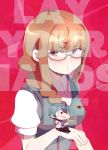  1boy 1girl arm_up bangs black_pants braid breasts brown_eyes brown_hair chibi closed_mouth collared_shirt commentary_request doll english_text glasses green_hair hair_between_eyes kiznaiver long_hair looking_at_viewer looking_to_the_side maki_honoka minb open_mouth pants pink_background school_uniform shirt short_sleeves simple_background single_braid smile solo_focus sweater_vest upper_body white_shirt yuta_tsuguhito 