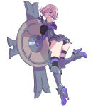  1girl absurdres armor armored_boots armored_dress boots fate/grand_order fate_(series) hair_over_one_eye head_tilt highres leg_lift looking_at_viewer looking_back mash_kyrielight open_mouth pink_eyes pink_hair shield short_hair simple_background solo thigh-highs thigh_boots white_background yamashita_shun&#039;ya 