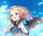  1girl artist_name bangs blonde_hair blue_sky blush braid breasts cape commentary crown_braid fingerless_gloves gloves green_eyes hair_ornament hairclip highres lazoomaiga long_sleeves looking_at_viewer medium_breasts parted_bangs pointy_ears princess_zelda short_hair sky smile solo the_legend_of_zelda the_legend_of_zelda:_breath_of_the_wild the_legend_of_zelda:_breath_of_the_wild_2 thick_eyebrows upper_body 
