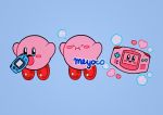  artist_name blue_background blue_eyes blush_stickers closed_eyes copy_ability game_boy_advance handheld_game_console heart kirby kirby_(series) meyoco open_mouth simple_background smile 