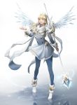  1girl absurdres blonde_hair blue_eyes blue_legwear coat earrings full_body hair_ornament highres holding holding_staff jewelry lizchiefffff long_hair looking_at_viewer original pantyhose reflection simple_background smile snowflakes solo staff standing white_footwear white_wings wings 