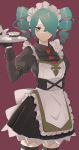  1girl aqua_hair black_gloves buckle closed_mouth cup drill_hair gloves highres holding holding_plate long_hair maid maid_headdress original plate pointy_ears red_background red_eyes red_neckwear redhead simple_background solo ss_ky5 standing teacup teapot thigh-highs 