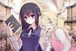  2girls :d ahoge bangs black_hair black_neckwear blonde_hair blurry blurry_background blush book breasts brown_eyes closed_mouth collared_shirt ecu8080 eyebrows_visible_through_hair glasses grey-framed_eyewear hair_between_eyes hair_intakes hand_up heart heart_ahoge holding holding_book indoors locked_arms long_hair long_sleeves looking_at_viewer multiple_girls open_mouth original semi-rimless_eyewear shirt small_breasts smile spoken_heart sweat sweater_vest under-rim_eyewear upper_teeth very_long_hair violet_eyes w white_shirt 