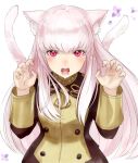  1girl :o animal_ears bangs blush cat_ears cat_girl cat_tail claw_pose double-breasted eyebrows_visible_through_hair fangs fire_emblem fire_emblem:_three_houses flower garreg_mach_monastery_uniform hands_up haru_(nakajou-28) kemonomimi_mode long_hair long_sleeves looking_at_viewer lysithea_von_ordelia open_mouth pink_eyes pink_hair purple_flower school_uniform sidelocks simple_background solo tail teeth upper_body v-shaped_eyebrows white_background 