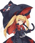  1girl arm_at_side bangs black_cat black_jacket black_ribbon black_skirt blazblue bow bowtie cat cowboy_shot eyebrows_visible_through_hair hair_ribbon holding holding_umbrella iroha_(unyun) jacket long_hair long_sleeves looking_at_viewer parted_lips rachel_alucard red_bow red_eyes red_neckwear ribbon simple_background skirt solo twintails umbrella white_background 
