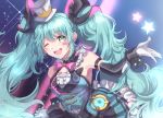  1girl ;d aqua_eyes aqua_hair aqua_skirt bow bowtie detached_sleeves frills gloves hatsune_miku long_hair looking_at_viewer magical_mirai_(vocaloid) one_eye_closed open_mouth pink_bow ronpu_cooing skirt sleeveless smile solo standing star twintails upper_body very_long_hair vocaloid white_gloves white_headwear 