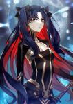  belt black_belt black_bodysuit bodysuit cosplay fate/grand_order fate_(series) hargon hargon_(cosplay) highres horns ishtar_(fate/grand_order) multicolored_hair space_ishtar_(fate) sunohara sword two-tone_hair two_side_up weapon 