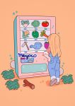  1girl artist_name carrot corn facing_away food fruit hoe leaf lettuce long_hair meyoco orange_background orange_hair original overalls pepper radish raspberry shadow shoes simple_background solo stick tomato vending_machine watering_can 