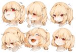  1girl :d :p ^_^ bangs blonde_hair clenched_teeth closed_eyes commentary expressions eyebrows_visible_through_hair fan flandre_scarlet gotoh510 grin hair_between_eyes hand_up head_tilt highres looking_at_viewer multiple_views no_hat no_headwear one_side_up open_mouth pointy_ears red_eyes short_hair simple_background smile sweat symbol_commentary teeth tongue tongue_out touhou translation_request v-shaped_eyebrows white_background 