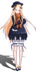  1girl abigail_williams_(fate/grand_order) absurdres bangs black_bow black_headwear blonde_hair blue_eyes bow commentary_request dress fate/grand_order fate_(series) forehead hair_bow hat highres jjw1029 long_hair long_sleeves looking_at_viewer orange_bow parted_bangs polka_dot polka_dot_bow sleeves_past_fingers sleeves_past_wrists solo stuffed_animal stuffed_toy teddy_bear 