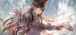 1girl aiguillette animal_ears atago_(azur_lane) azur_lane bangs blush breasts brown_eyes brown_hair buttons closed_mouth epaulettes extra_ears eyebrows_visible_through_hair floating_hair gloves hair_ribbon highres large_breasts long_hair long_sleeves looking_at_viewer military military_uniform mole mole_under_eye outdoors outstretched_arms ribbon sky smile snowru solo swept_bangs uniform very_long_hair white_gloves white_ribbon 