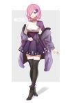  1girl absurdres asymmetrical_bangs asymmetrical_clothes asymmetrical_sleeves bangs black_legwear character_name coat fate/grand_order fate_(series) full_body grey_background hair_over_one_eye hair_ribbon high-waist_skirt highres long_sleeves looking_at_viewer luxia2727 mash_kyrielight miniskirt open_clothes open_coat parted_lips pink_hair pleated_skirt print_skirt purple_coat purple_ribbon purple_skirt ribbon shiny shiny_hair short_hair skirt solo standing thigh-highs two-tone_background violet_eyes white_background zettai_ryouiki 