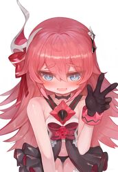  1girl bare_shoulders black_gloves blue_eyes commentary_request dokomon fang flower gloves hair_between_eyes hair_ribbon halterneck highres honkai_(series) honkai_impact_3rd horns korean_commentary navel pink_hair red_flower red_ribbon red_rose ribbon rose rozaliya_olyenyey short_shorts shorts solo sweat thick_eyebrows white_background 