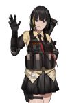  1girl :d bangs black_eyes black_gloves black_hair blonde_hair bulletproof_vest cero_(last2stage) elbow_pads eyebrows_visible_through_hair girls_frontline gloves highres holster m16a1_(girls_frontline) mole mole_under_eye name_tag necktie open_mouth pleated_skirt short_hair simple_background skirt smile solo white_background 