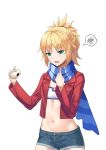  1girl absurdres bangs blonde_hair blue_scarf braid breasts commentary denim denim_shorts eyebrows_visible_through_hair fate/apocrypha fate_(series) food green_eyes hair_ornament highres holding holding_food jacket laza_rrgy7553 long_hair looking_at_viewer mordred_(fate) mordred_(fate)_(all) navel open_mouth ponytail red_jacket scarf scrunchie shorts simple_background solo white_background 