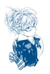  1girl blue_theme bow braid fan floral_print glasses highres japanese_clothes kimono kojima_takeshi monochrome original paper_fan profile solo striped tied_hair traditional_media uchiwa upper_body 