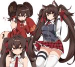  1girl animal_ears backpack bag bangs bare_shoulders bell black_panties blush breasts brown_eyes brown_hair cat_ears china_dress chinese_clothes closed_mouth detached_sleeves double_bun dress girls_frontline hair_between_eyes heart long_sleeves multiple_views murakami_meishi necktie open_mouth panties qbz-97_(girls_frontline) red_dress red_neckwear red_skirt ribbon school_uniform sidelocks skirt sleeves_past_fingers sleeves_past_wrists solo thigh-highs twintails underwear white_background white_legwear 