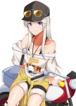  1girl absurdres alternate_costume azur_lane bangs bare_shoulders baseball_cap breasts clothes_around_waist enterprise_(anniversary_ride)_(azur_lane) enterprise_(azur_lane) eyewear_on_head eyewear_on_headwear ground_vehicle hand_on_hip haneramu hat highres jacket_around_waist jewelry long_hair looking_at_viewer motor_vehicle motorcycle necklace off-shoulder_shirt off_shoulder shirt shorts silver_hair sitting smile solo sunglasses tinted_eyewear very_long_hair violet_eyes white_shirt 