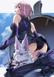  1girl armored_leotard ass bare_shoulders black_footwear black_gloves black_leotard boots breasts clouds cloudy_sky commentary_request creature day elbow_gloves fate/grand_order fate_(series) fou_(fate/grand_order) from_behind from_below gloves high_heel_boots high_heels leotard looking_at_viewer looking_back looking_down mash_kyrielight medium_breasts open_mouth outdoors outside_border pink_hair profile shield sky thigh-highs thigh_boots twitter_username violet_eyes yahako 