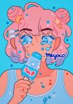  1girl artist_name bangs blue_background blue_eyes covered_mouth crescent crescent_hair_ornament eyebrows_visible_through_hair food hair_ornament hairclip holding holding_food meyoco original pink_hair popsicle portrait ramune simple_background solo sparkle star tears 