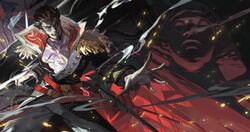  1boy bare_chest beard belt blue_eyes brown_hair chest collared_jacket commentary_request epaulettes facial_hair fate/grand_order fate_(series) gold_trim gun highres huge_weapon long_sleeves male_focus military military_uniform multiple_belts muscle napoleon_bonaparte_(fate/grand_order) open_clothes pants pectorals scar smile smirk smoke solo teeth uniform weapon yotsuyu 