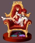  1boy absurdres black_bow bow chain commentary elsword grey_background highres jacket jjw1029 long_sleeves male_focus red_shorts redhead shoes short_hair shorts simple_background sitting w white_footwear white_jacket 