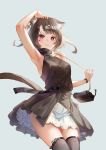  1girl :3 animal_ear_fluff animal_ears arm_up bag bare_arms bare_shoulders bell black_collar blush breasts brown_dress brown_hair brown_legwear cat_ears cat_girl cat_tail closed_mouth collar commentary_request dress fang fang_out fingernails grey_background hair_ornament hairclip handbag heart highres jingle_bell nail_polish original red_eyes red_nails saraki shoulder_bag simple_background sleeveless sleeveless_dress small_breasts solo tail thigh-highs 