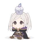  1girl belt belt_buckle blue_fire boots braid brown_eyes buckle chibi fire fire_emblem fire_emblem_awakening gen_5_pokemon litwick no_mouth on_head open_mouth pokemon pokemon_(game) pokemon_bw robe robin_(fire_emblem) robin_(fire_emblem)_(female) ryon_(ryonhei) simple_background sitting smile twintails white_background white_hair 