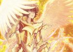  1boy armor blue_eyes golden_armor guilchii looking_up phoenix_ikki saint_seiya short_hair simple_background solo wings 