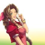  1girl ;d aerith_gainsborough black_ribbon bow bracelet braided_ponytail brown_hair collarbone dress_shirt final_fantasy final_fantasy_vii finger_to_eye floating_hair from_side gradient gradient_background green_background green_eyes hair_bow hair_intakes jacket jewelry long_hair neck_ribbon one_eye_closed open_clothes open_jacket open_mouth pink_bow pink_shirt ponytail popochan-f red_jacket ribbon shirt short_sleeves smile solo strapless upper_body very_long_hair white_background 