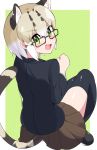  1girl alternate_costume animal_ears black_footwear black_jacket black_legwear blonde_hair blush brown_hair brown_skirt cat_ears cat_girl cat_tail commentary_request extra_ears glasses green_eyes highres jacket kemono_friends long_sleeves looking_at_viewer margay_(kemono_friends) margay_print multicolored_hair open_mouth pleated_skirt school_uniform shirt short_hair sitting skirt solo tail takosuke0624 thigh-highs white_hair white_shirt zettai_ryouiki 