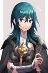  1girl armor blue_eyes blue_hair breasts byleth_(fire_emblem) byleth_eisner_(female) cape commentary_request eyebrows_visible_through_hair fire_emblem fire_emblem:_three_houses green_hair hair_between_eyes long_hair looking_at_viewer minami_ikkei simple_background smile 