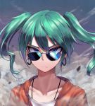 1girl alternate_costume blue_eyes chunk-san dust earrings frown green_hair hatsune_miku highres hoop_earrings jacket jewelry looking_at_viewer looking_over_eyewear portrait red_jacket shirt solo suna_no_wakusei_(vocaloid) sunglasses tsurime twintails vocaloid white_shirt wind zipper 