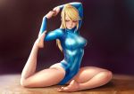  1girl adapted_costume artist_name barefoot blonde_hair blue_eyes breasts dark_background feet finalcake flexible gymnastics hands_together leg_up leotard looking_down metroid mole mole_under_mouth ponytail samus_aran solo stretch zero_suit 