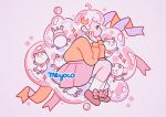 1girl artist_name bee_(bee_and_puppycat) bee_and_puppycat black_eyes bow brown_footwear crescent deckard_wizard liquid_hair long_hair long_sleeves meyoco no_nose orange_ribbon orange_sweater pink_background pink_bow pink_ribbon pink_skirt profile ribbon shoes short_hair simple_background skirt solo sweater very_long_hair white_legwear 