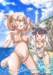  2girls :d ;d animal_ear_fluff animal_ears black_hair blue_sky breasts brown_eyes character_name cliff clouds commentary_request criss-cross_halter dated day eyebrows_visible_through_hair halterneck highres horizontal_pupils horns kemono_friends long_hair medium_breasts multicolored_hair multiple_girls navel o-ring o-ring_bikini one_eye_closed open_mouth outdoors platinum_blonde_hair sheep_(kemono_friends) sheep_ears sheep_girl sheep_horns short_hair sky smile splashing tail tower twitter_username two-tone_hair v-shaped_eyebrows wading water white_hair yonaka-nakanoma 