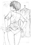  1girl absurdres ass clothes_hanger from_behind graphite_(medium) hatching_(texture) highres kojima_takeshi looking_back monochrome original panties pants pants_removed reverse_trap solo traditional_media underwear 