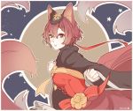  1girl animal_ears breasts clenched_hands facepaint flower fox_ears fox_tail gem hair_between_eyes hair_ornament highres lace_trim long_sleeves looking_at_viewer medium_breasts meiko outline parted_lips red_eyes red_ribbon redhead ribbon short_hair solo tail vocaloid white_outline wide_sleeves yellow_flower yen-mi 