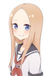  1girl abigail_williams_(fate/grand_order) absurdres bangs blonde_hair blue_eyes blue_sailor_collar blush breasts closed_mouth commentary cosplay fate/grand_order fate_(series) forehead highres karakai_jouzu_no_takagi-san kopaka_(karda_nui) long_hair looking_at_viewer neckerchief parted_bangs red_neckwear sailor_collar school_uniform serafuku shirt short_sleeves simple_background small_breasts smile solo takagi-san takagi-san_(cosplay) white_background white_shirt 