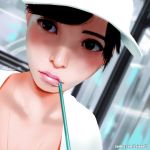  1girl black_hair hat jewelry lips looking_at_viewer necklace real_life rejean_dubois short_hair solo 
