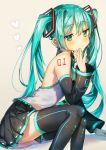  aqua_eyes aqua_hair bare_shoulders black_legwear black_skirt black_sleeves closed_eyes commentary detached_sleeves expressionless feet_out_of_frame fingers_to_chin from_side grey_shirt hair_ornament half-closed_eyes hatsune_miku heart leaning_forward light_blush long_hair looking_at_viewer looking_to_the_side neon_trim shirt shoulder_tattoo sitting skirt tattoo thigh-highs twintails very_long_hair vocaloid wakamore_(getguacamole) zettai_ryouiki 