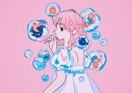  1girl artist_name bangs braid bubble bubble_blowing clouds crescent_moon eyebrows flower leaf liquid medium_hair meyoco moon original partially_submerged pink_background pink_flower pink_hair profile puffy_short_sleeves puffy_sleeves short_sleeves simple_background solo upper_body white_sleeves 
