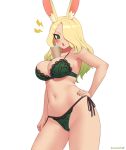  1girl angry animal_ears artist_name blonde_hair blush bra breasts bubble_tea_challenge collarbone commentary commission contrapposto cowboy_shot cup disposable_cup drinking_straw eyebrows_visible_through_hair final_fantasy final_fantasy_xiv gradient_hair green_bra green_eyes green_hair green_nails green_panties hair_over_one_eye hand_on_hip kuroonehalf large_breasts lightning_bolt lingerie long_hair looking_at_viewer meme multicolored_hair navel object_on_breast open_mouth panties rabbit_ears side-tie_panties simple_background solo stomach underwear v-shaped_eyebrows viera white_background 
